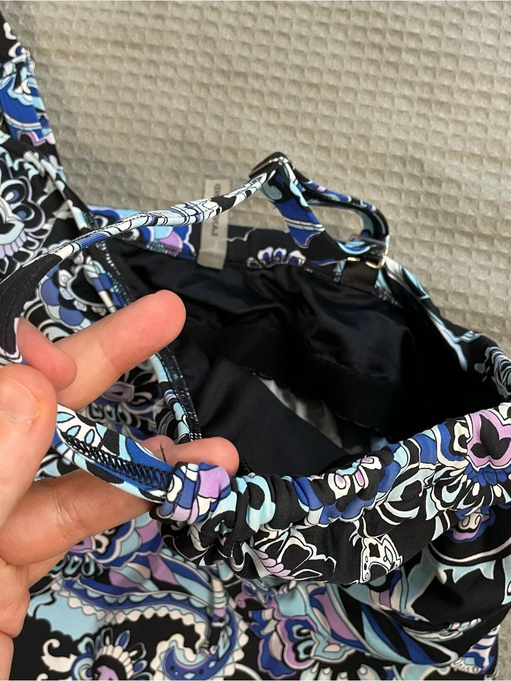 Lands End Tankini Swim Top 12DD Womens Black Blue Multi Paisley Underwire